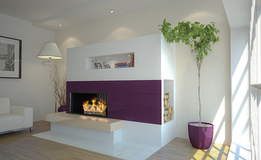 nowoczesny kominek fiolet kafle